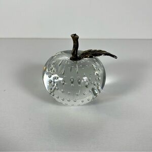 Clear Glass Apple Paperweight W/Brass Stem & Leaf Controlled Bubbles Vintage